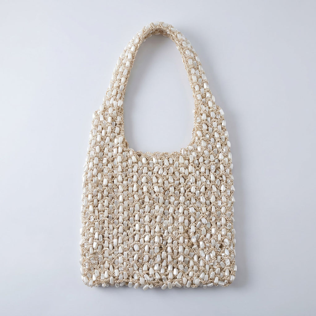 Beaded Shoulder Bag with Macrame Open Weave Double Strap Design