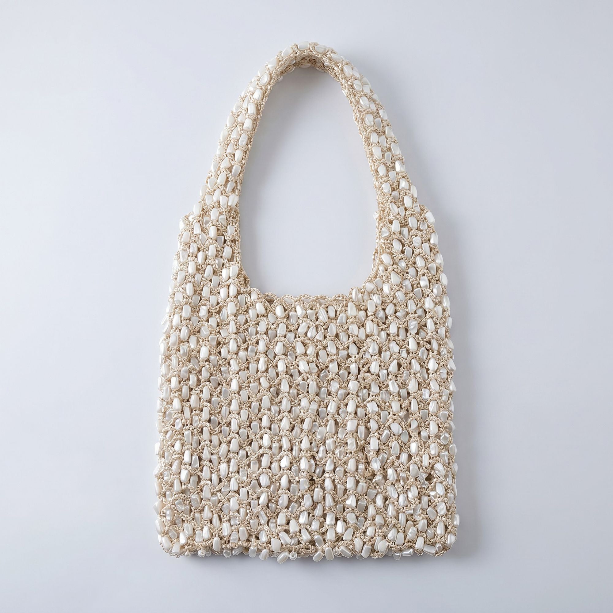 Beaded Shoulder Bag with Macrame Open Weave Double Strap Design