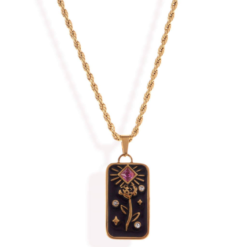 Women's Gold Tone Rope Chain Fashion Necklace with Enamel Pendant and Gemstone Accent