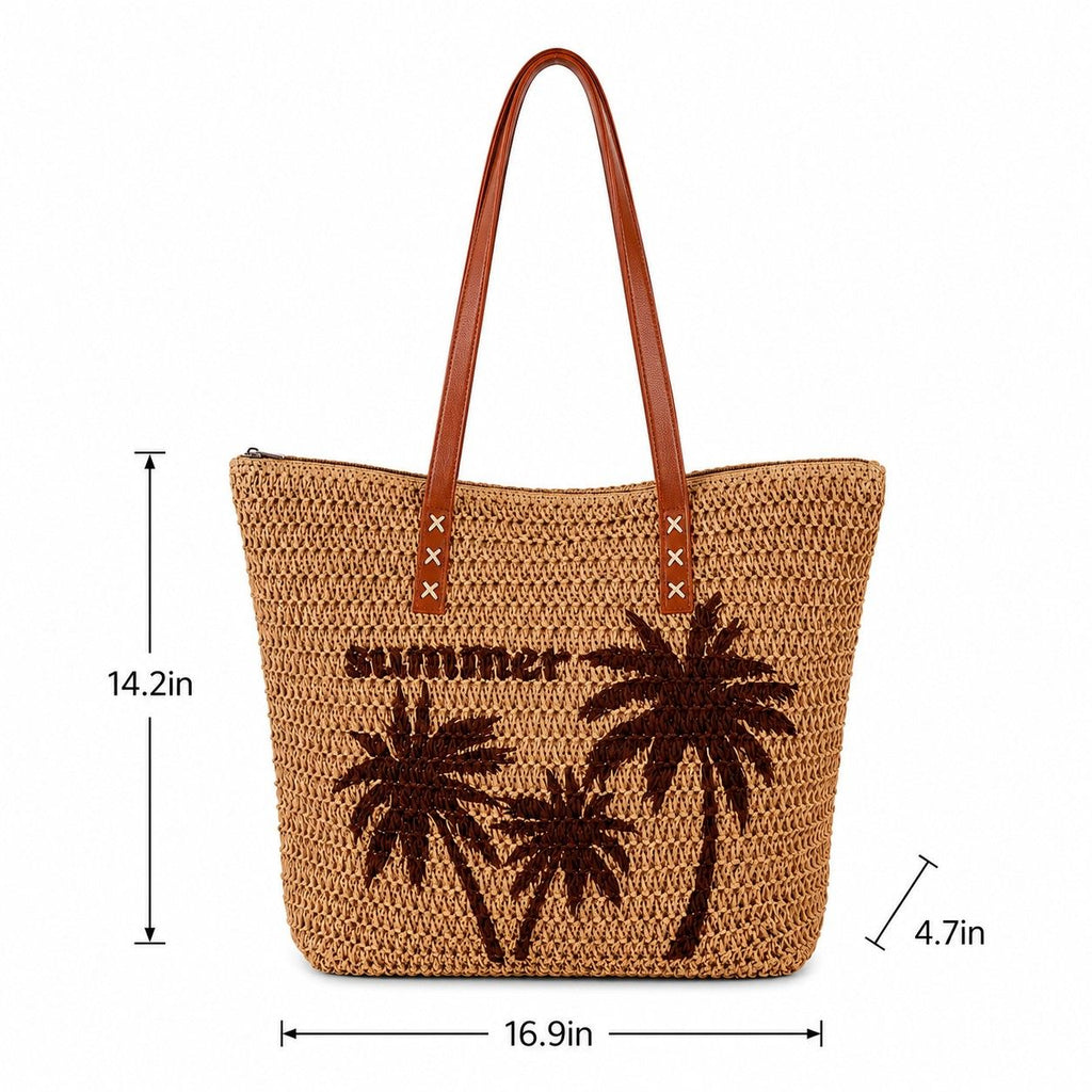 Palm Tree Woven Tote Bag Large Capacity Shoulder Handbag with Faux Leather Handles