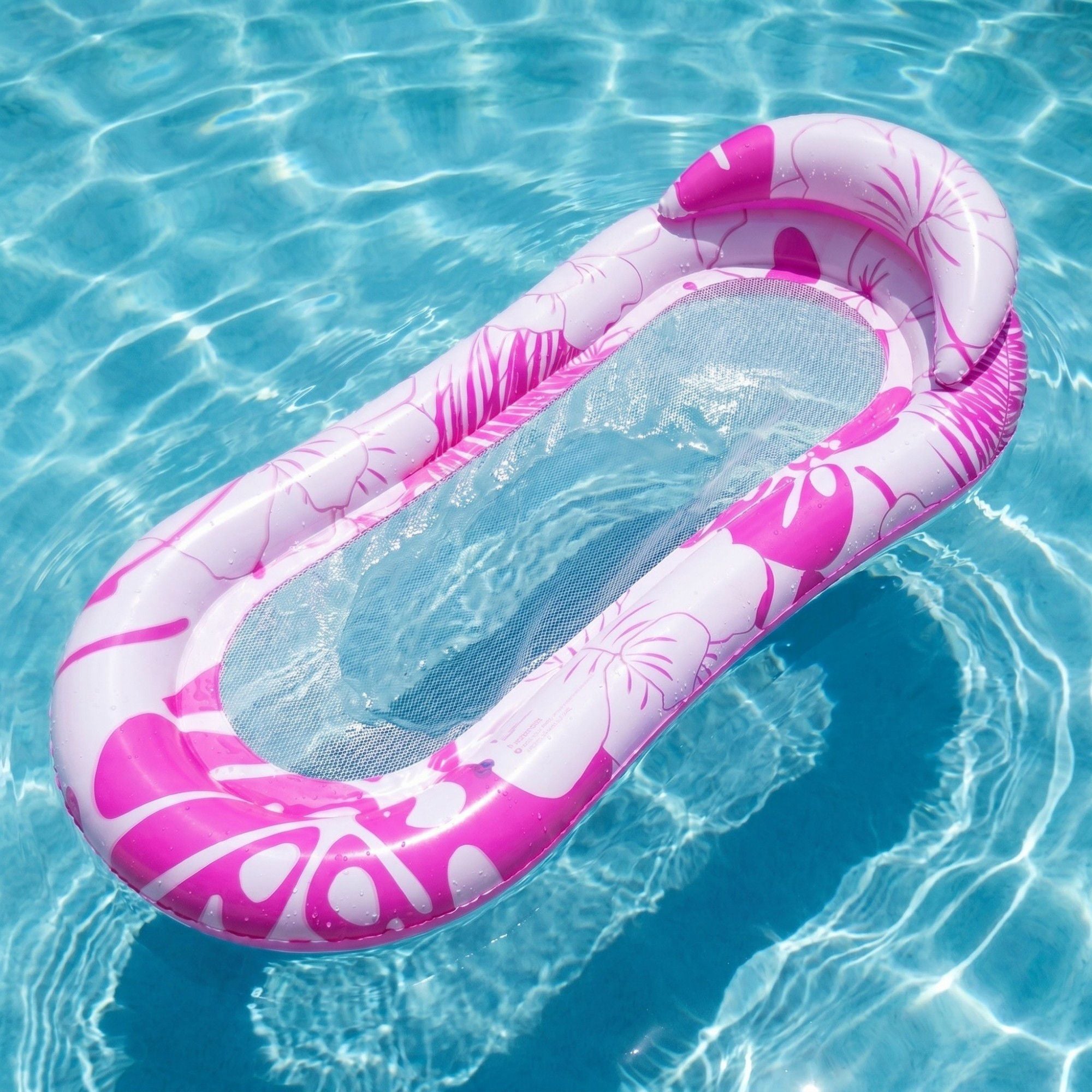 Pink Floral Inflatable Pool Lounger with Mesh Center
