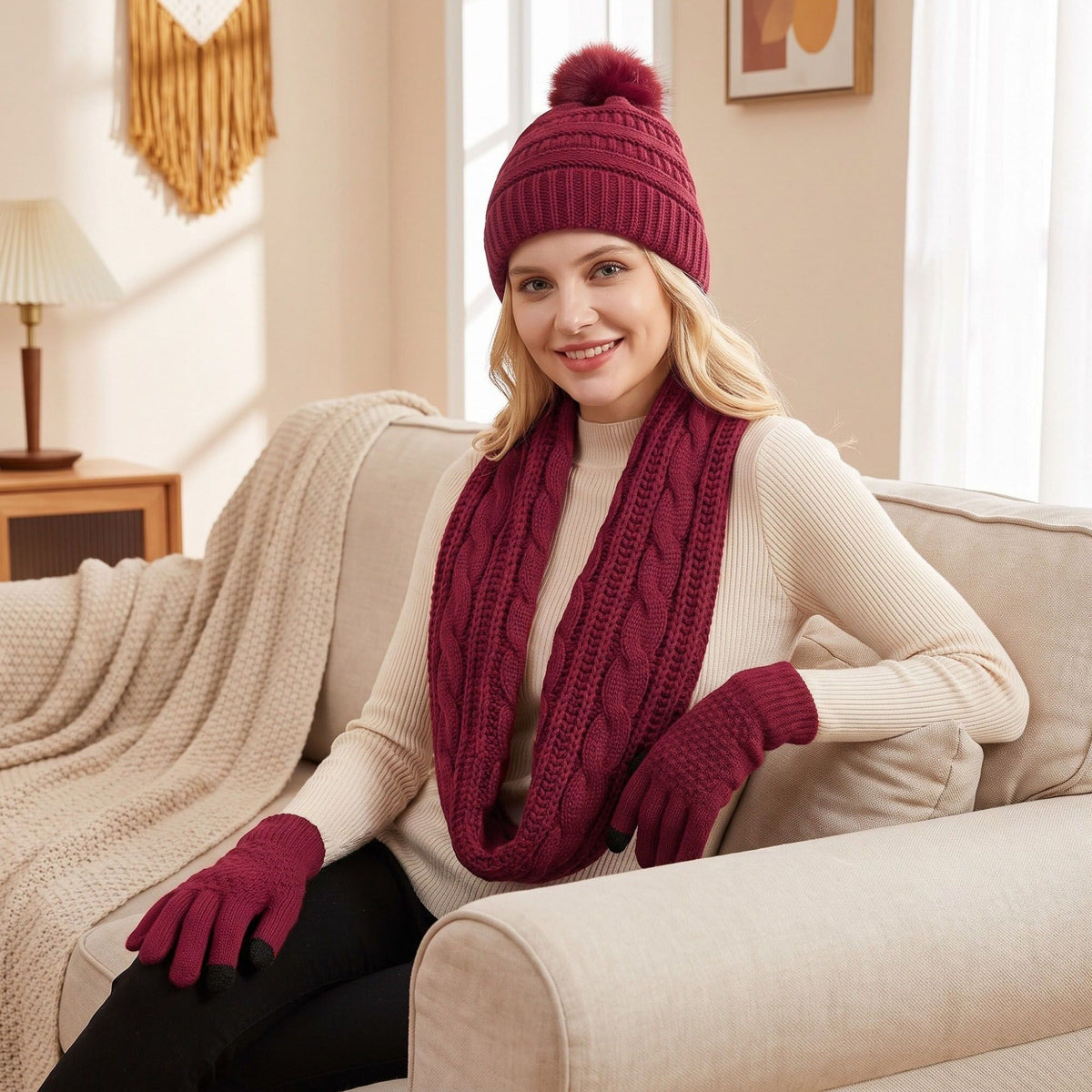 4 Piece Knit Winter Hat Scarf Touchscreen Gloves and Socks Set
