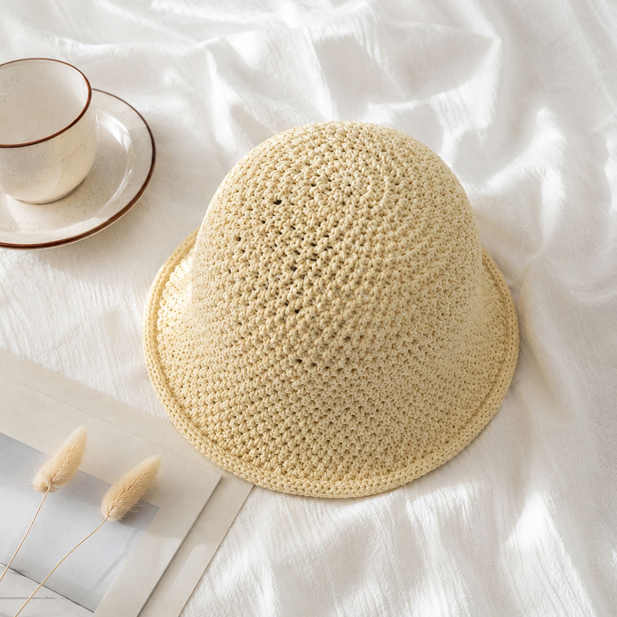 Crochet Bucket Hat with Rolled Brim and Openwork Texture
