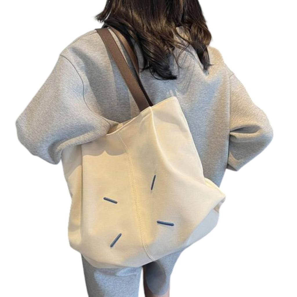 Canvas Tote Bag with Contrast Handles and Decorative Stitch Detail