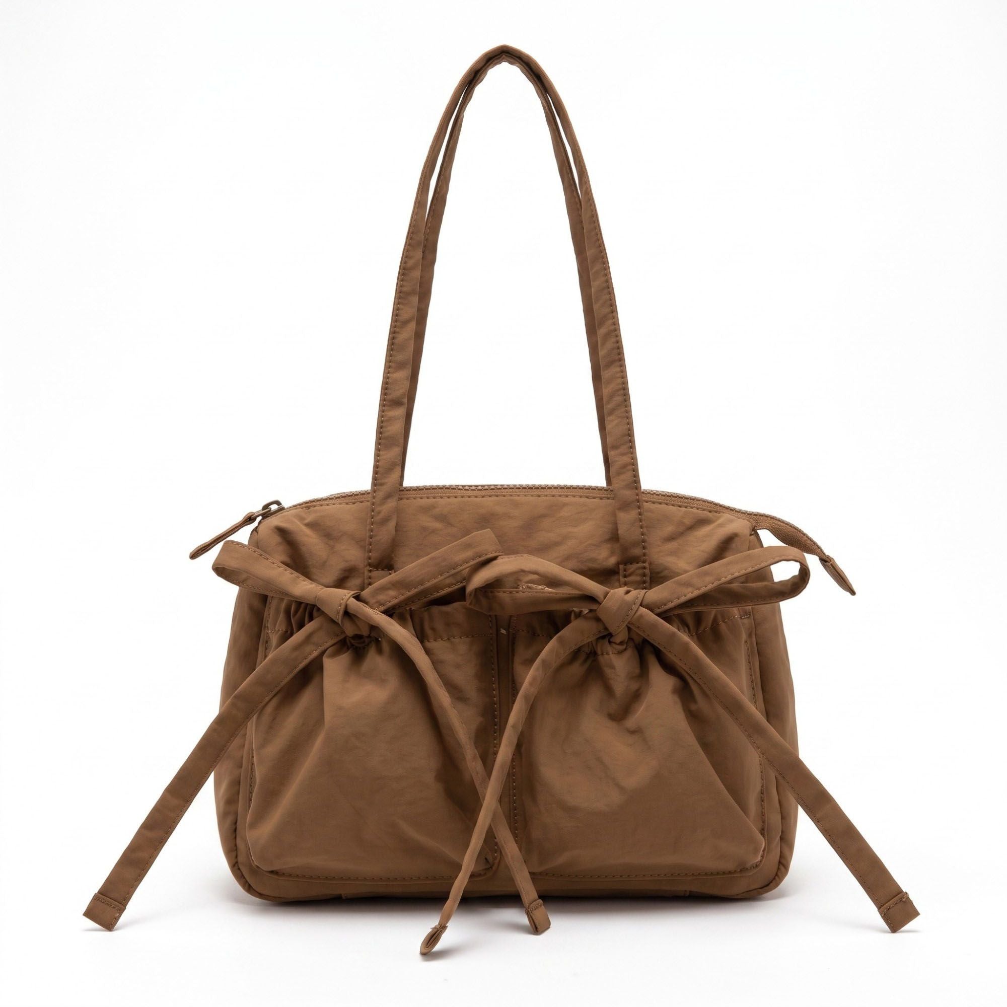 Multi-Pocket Shoulder Tote Bag with Bow-Tie Drawstrings and Top Zipper 11.5x9x5in