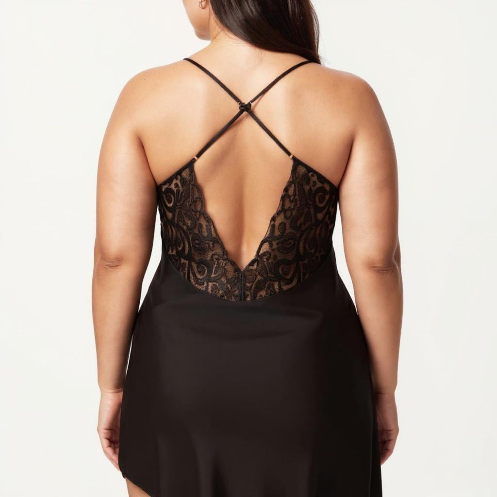 Anna-Kaci Lounge Women's Plus Size Lace Panel Slip Nightgown with Adjustable Spaghetti Straps V Neck Asymmetrical Hem Sleepwear