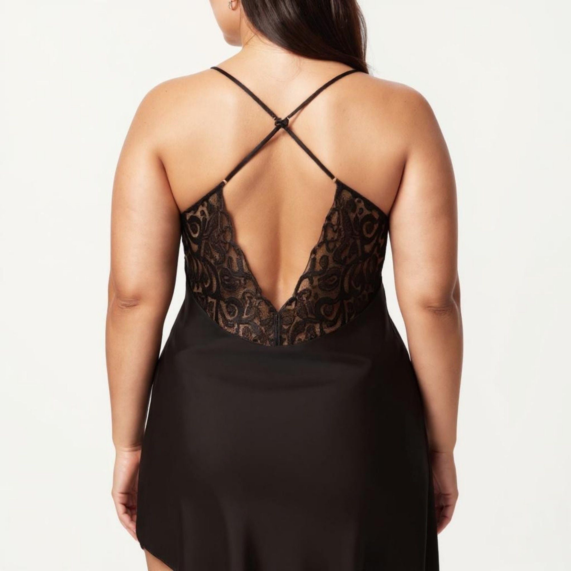 Anna-Kaci Lounge Women's Plus Size Lace Panel Slip Nightgown with Adjustable Spaghetti Straps V Neck Asymmetrical Hem Sleepwear