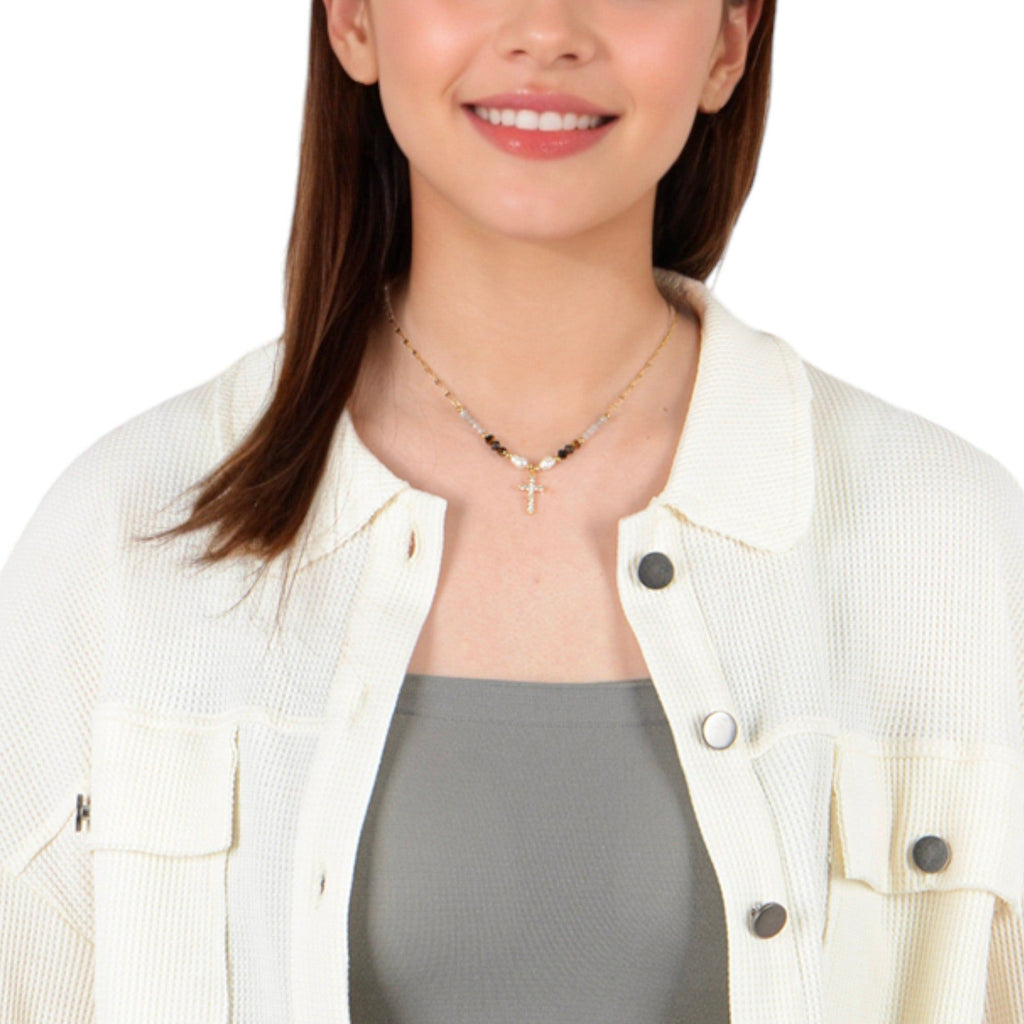 Beaded Cross Pendant Fashion Necklace with Faceted Stones and Gold Chain