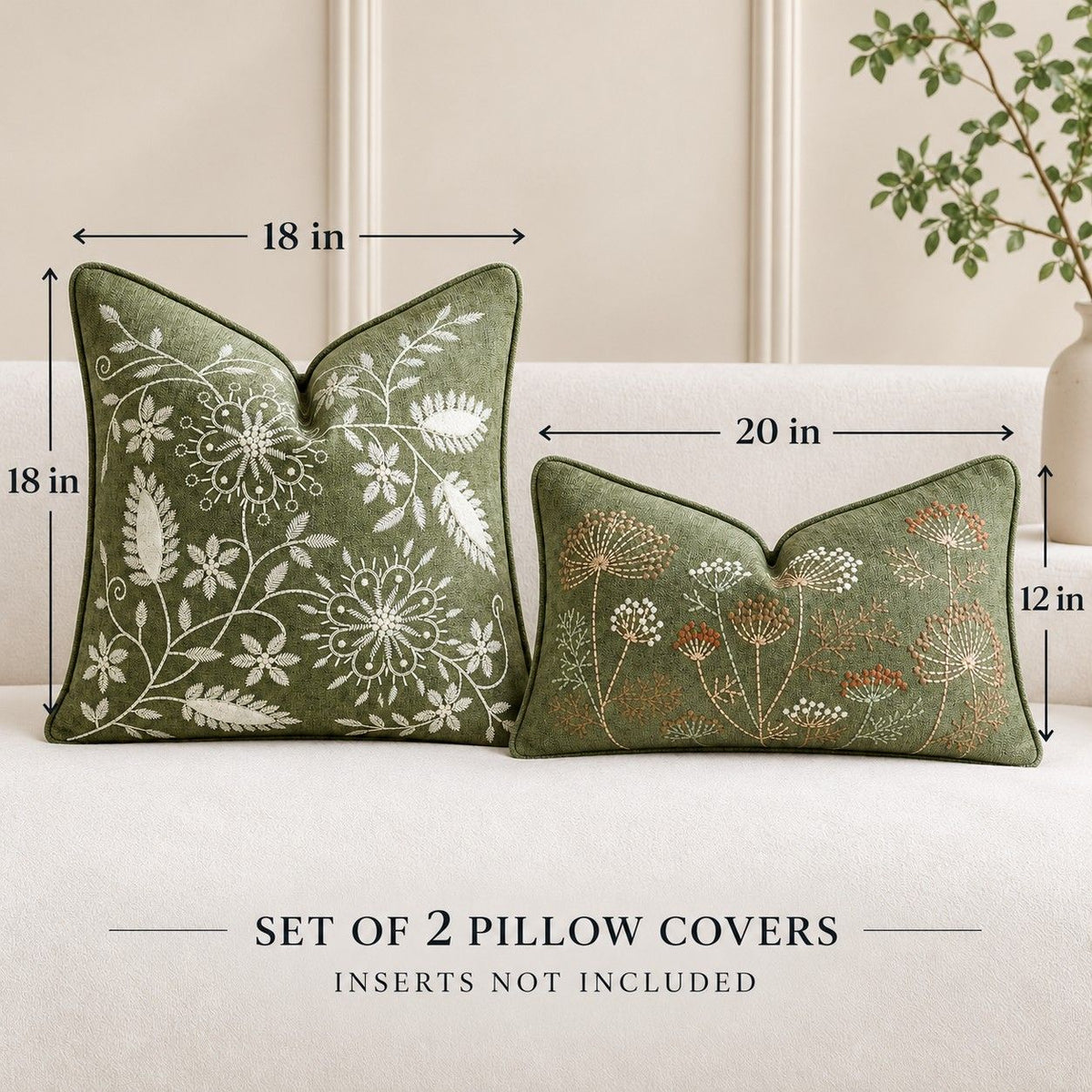 2 Pack Embroidered Floral Throw Pillow Covers 18 x 18 and 12 x 20 Inch