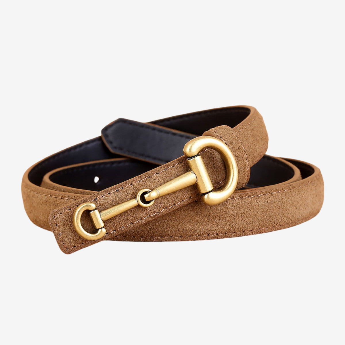 Suede Leather Skinny Belt with Equestrian Gold Tone Buckle 39.4in