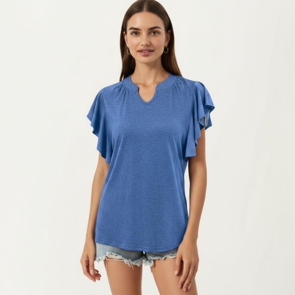 Anna-Kaci Women's Short Sleeve Top with Flutter Ruffle Sleeves and Split V Neck Relaxed Fit Casual Shirt
