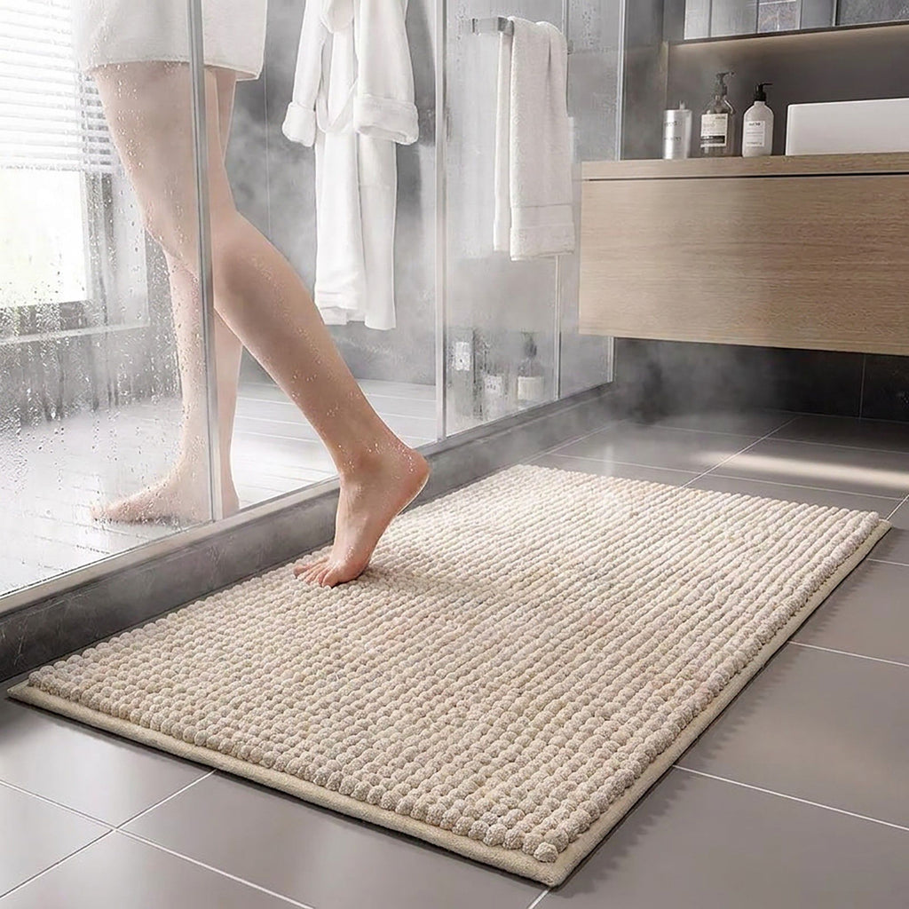 Chenille Bath Mat with Plush Pebble Texture and Non Slip Backing