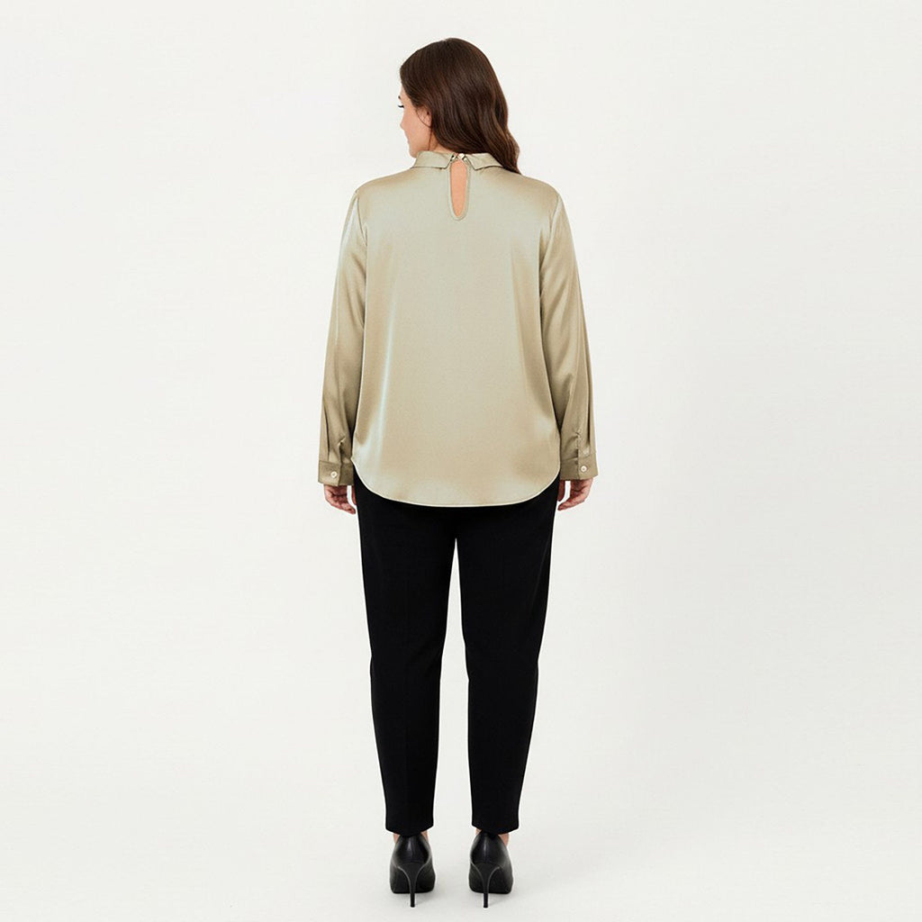 Anna-Kaci Women's Plus Size Long Sleeve Blouse with Tie Neck Detail Relaxed Fit Silky Smooth Fabric