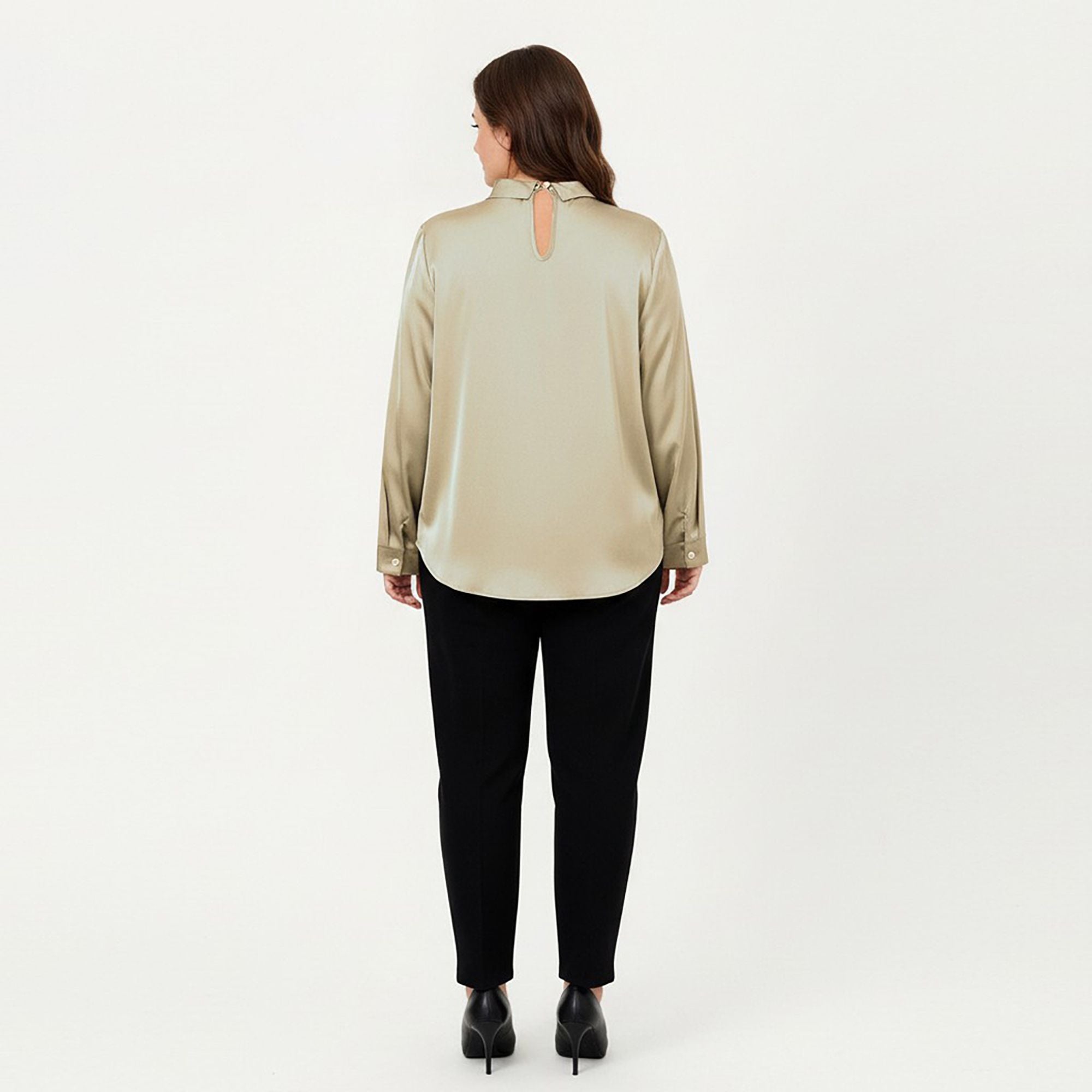 Anna-Kaci Women's Plus Size Long Sleeve Blouse with Tie Neck Detail Relaxed Fit Silky Smooth Fabric