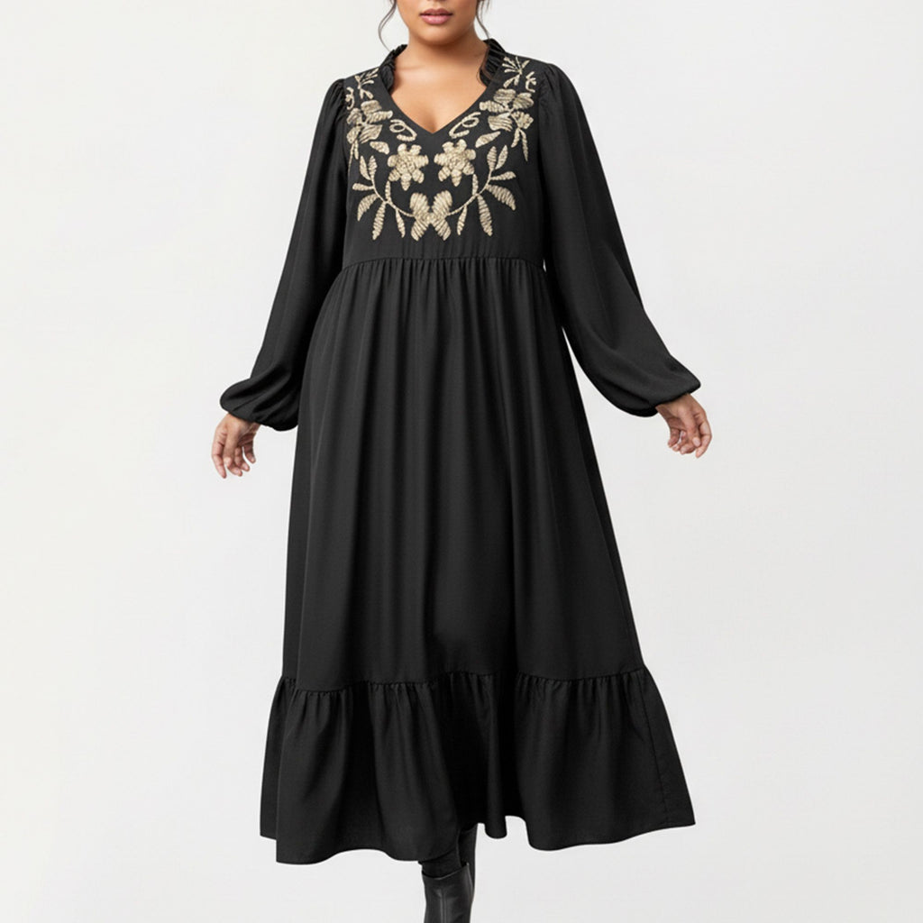 Anna-Kaci Women's Plus Size Long Sleeve V Neck Dress with Floral Embroidered Bodice and Flowy Tiered Skirt