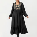 Anna-Kaci Women's Plus Size Long Sleeve V Neck Dress with Floral Embroidered Bodice and Flowy Tiered Skirt