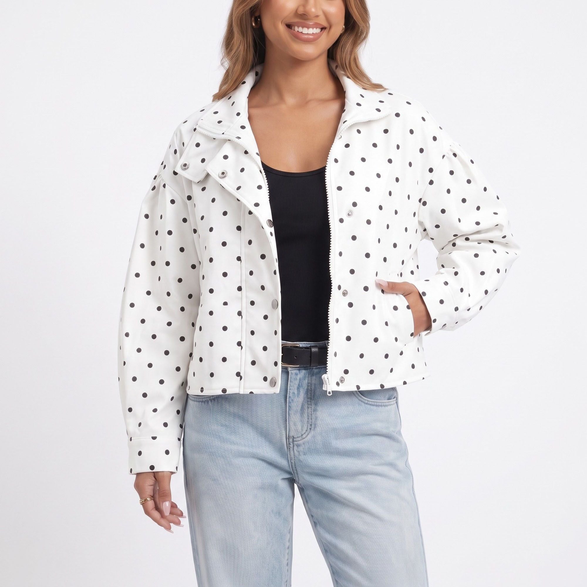 Polka Dot Stand Collar Cropped Jacket Snap Front Relaxed Fit Long Sleeve