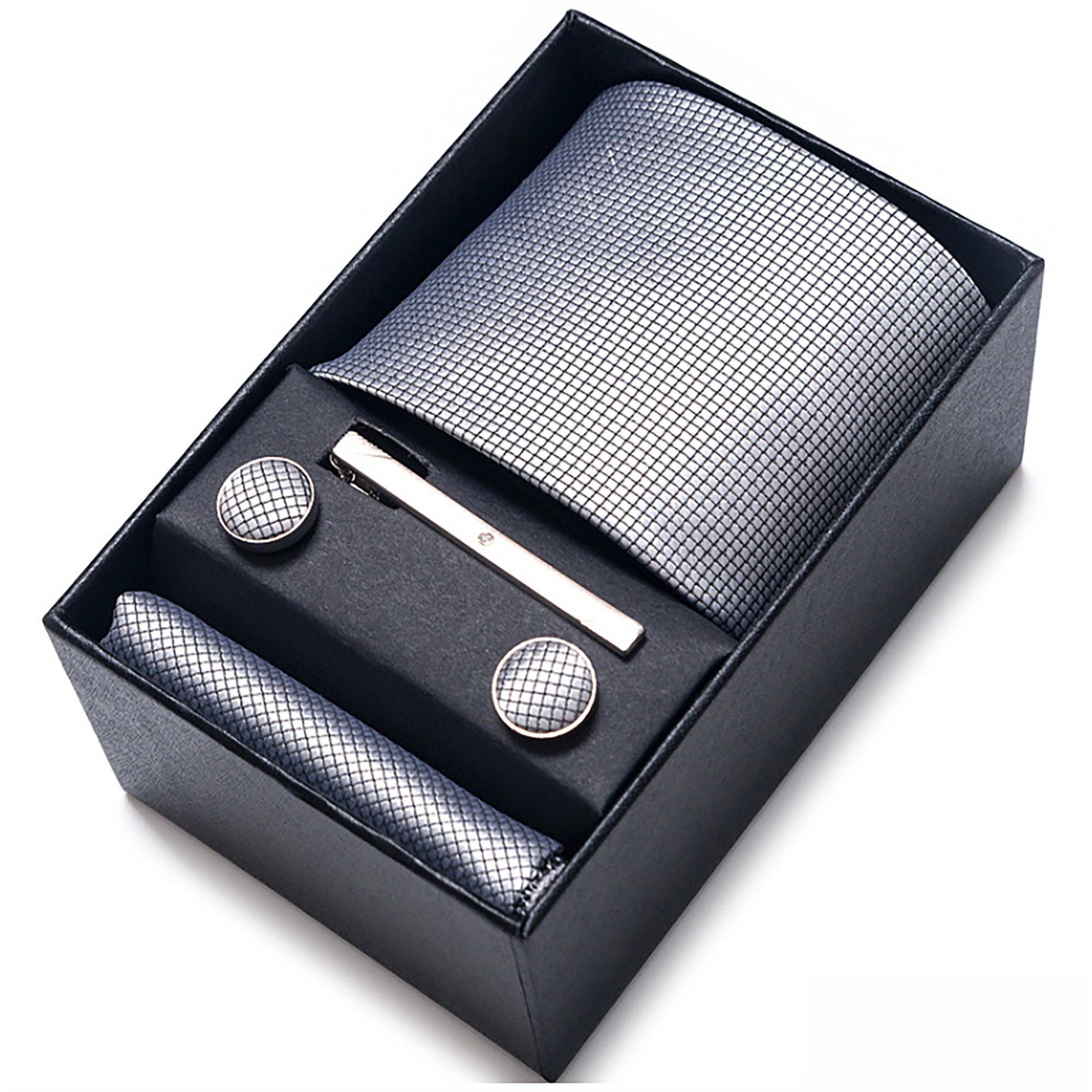 Men's Jacquard Woven Tie Set with Pocket Square Cufflinks and Tie Clip
