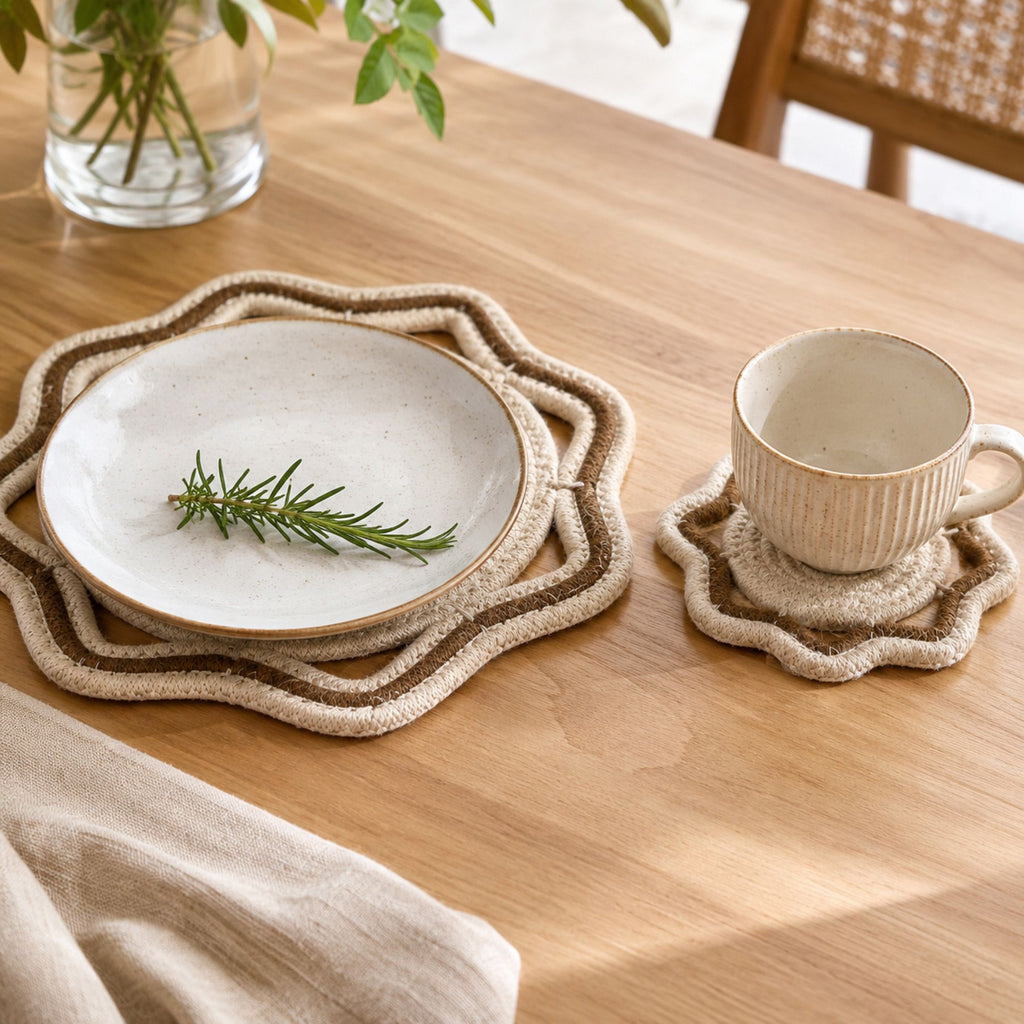 Woven Cotton Cord Octagonal Placemat and Coaster 2-Piece Set