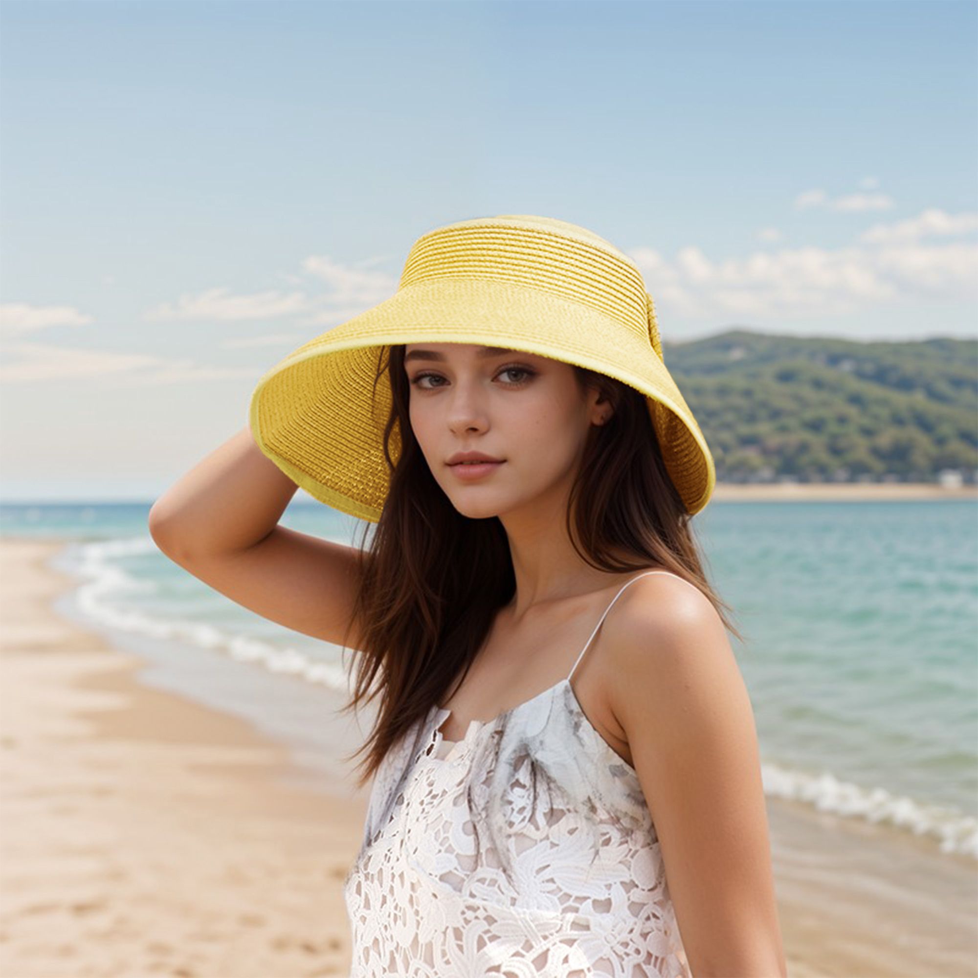 Anna-Kaci Women's Wide Brim Visor Hat with Bow Detail Adjustable Velcro Closure for Beach or Outdoor Protection