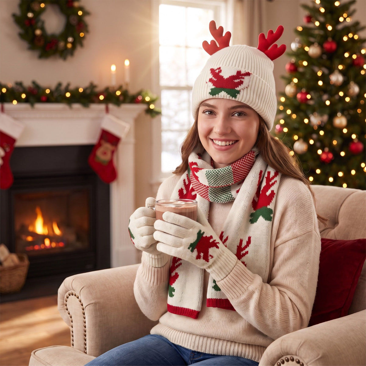 3 Piece Christmas Reindeer Antler Beanie Scarf and Gloves Set