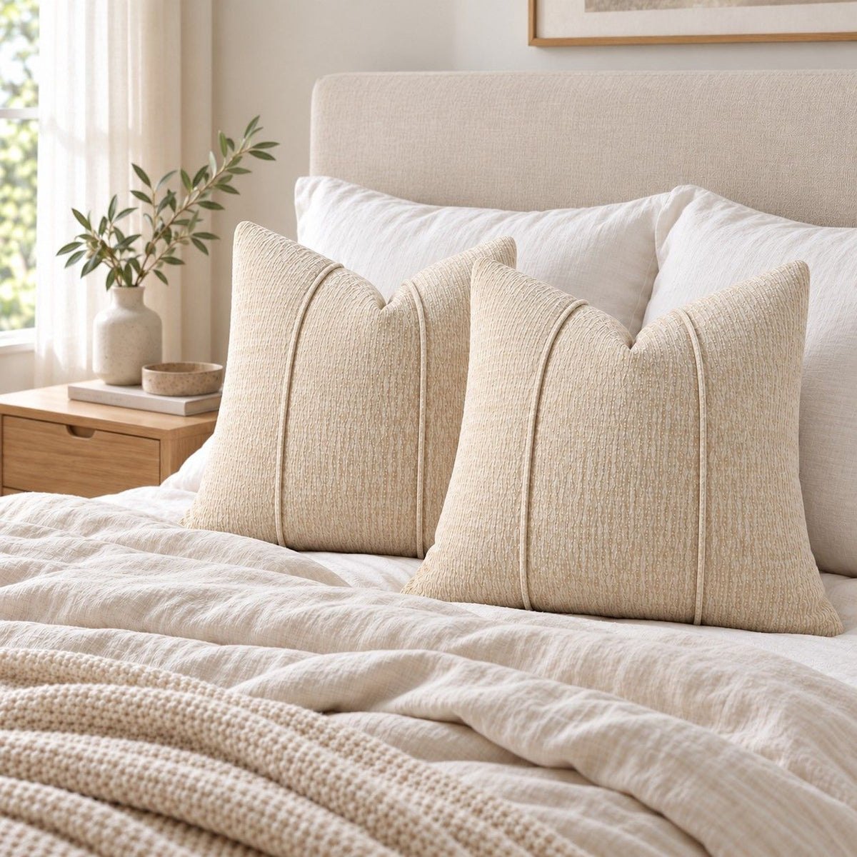 2 Pack Solid Textured Throw Pillow Covers 18 x 18 Inch with Hidden Zipper