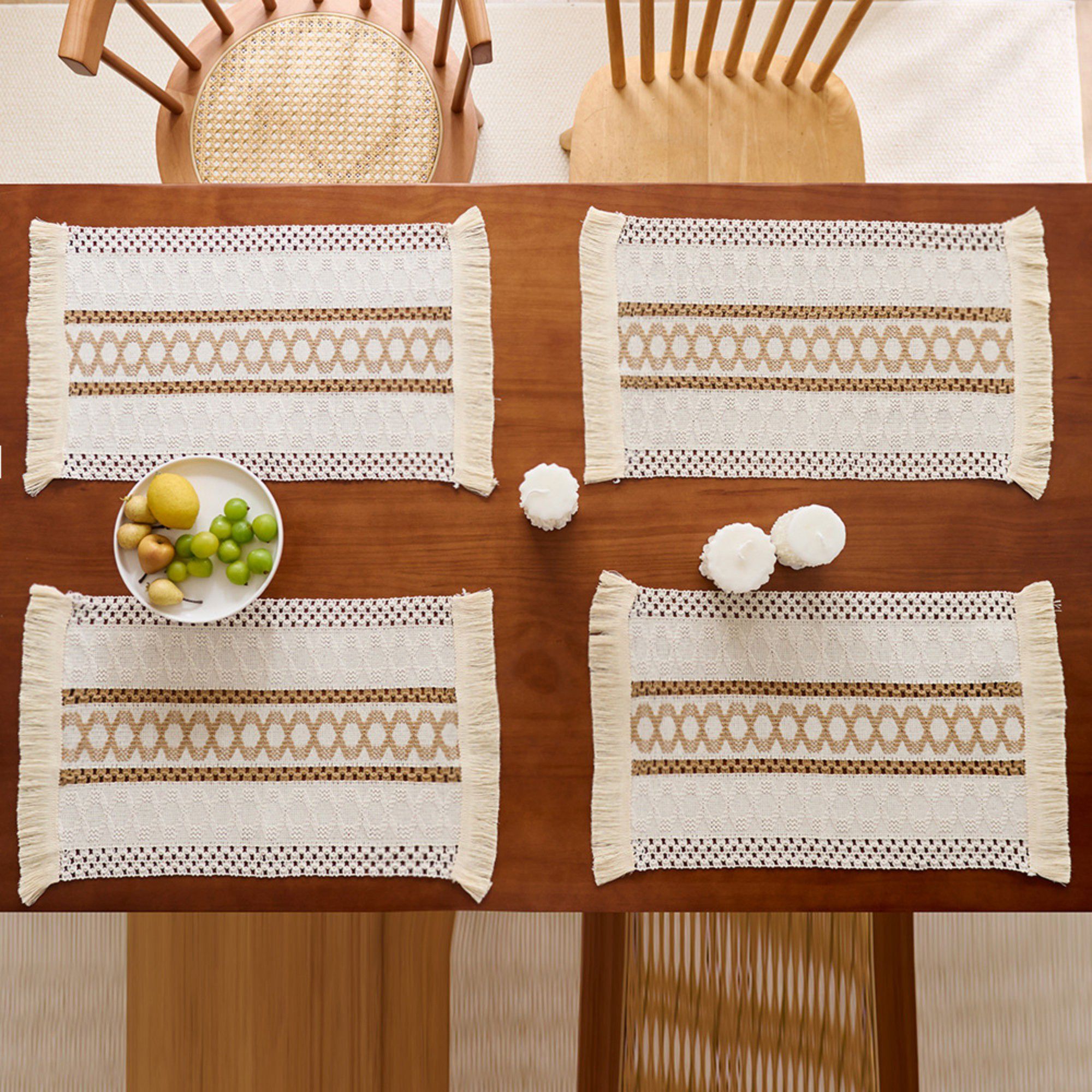4 Set Woven Rectangular Placemats with Textured Stripes and Fringe Edges 11.8x19.5 in