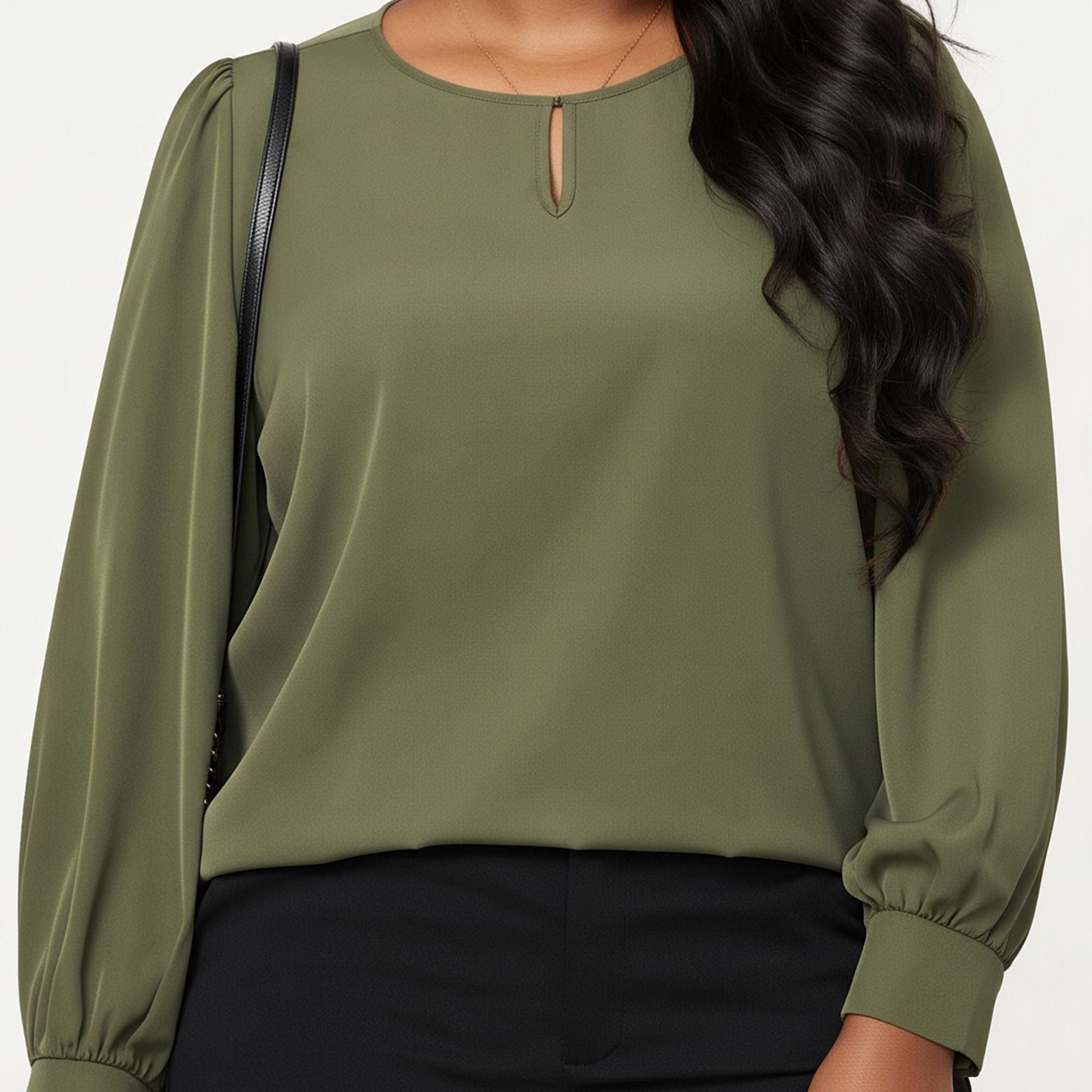 Anna-Kaci Women's Plus Size Long Sleeve Keyhole Neck Pullover Blouse with Soft Draped Fabric and Relaxed Fit