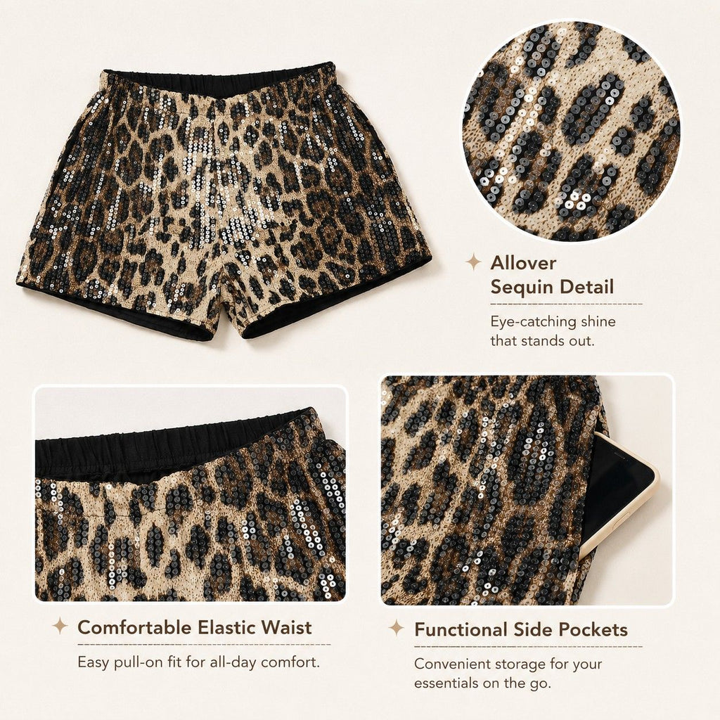 Leopard Print Sequin Party Shorts with Elastic Waist Lining and Side Pockets