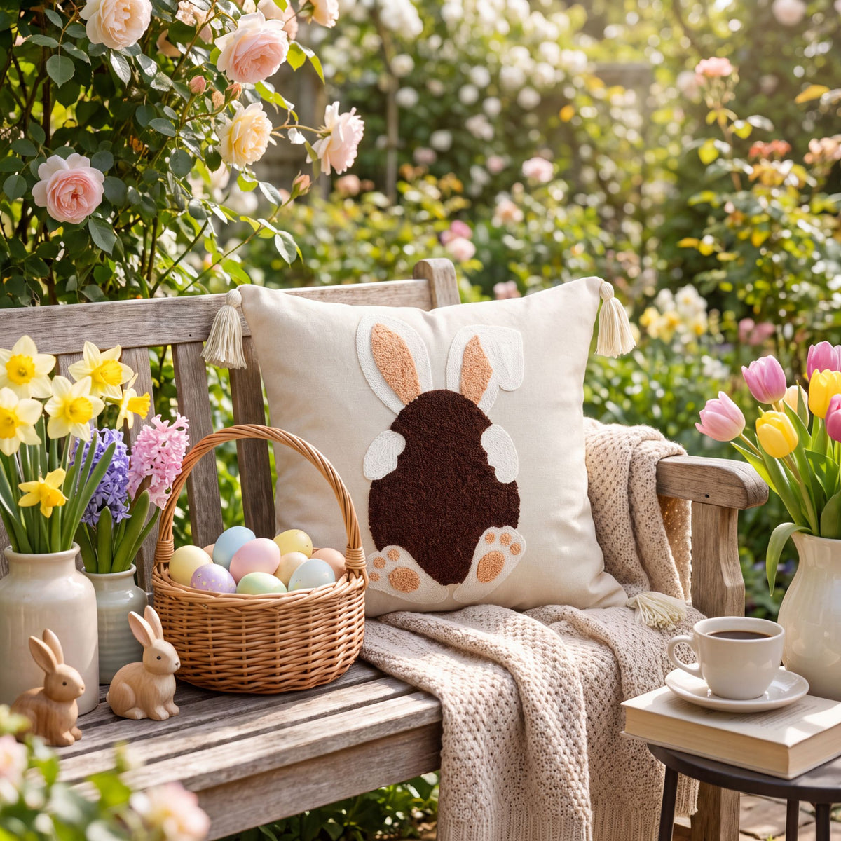 Rabbit Embroidered Throw Pillow Cover Textured Bunny Square Decorative Cushion Cover