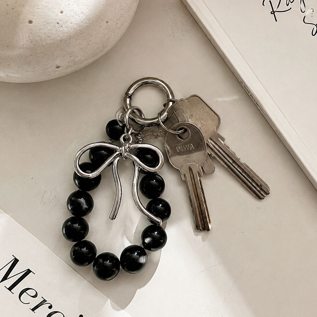 Beaded Bow Keychain with Round Bead Loop and Metal Clip Bag Charm