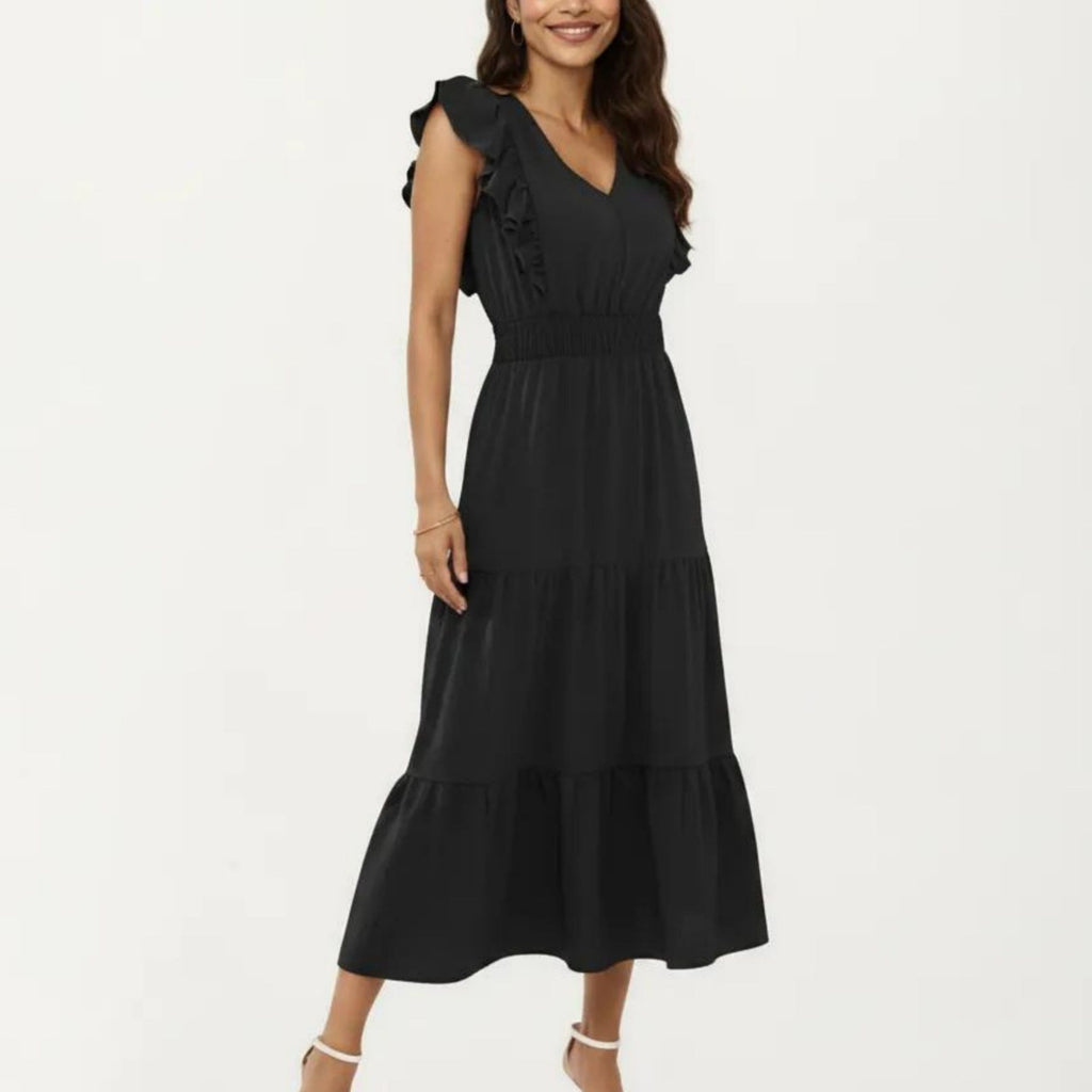 Anna-Kaci Women's Tiered Midi Dress with Ruffle Sleeves and Smocked Waist
