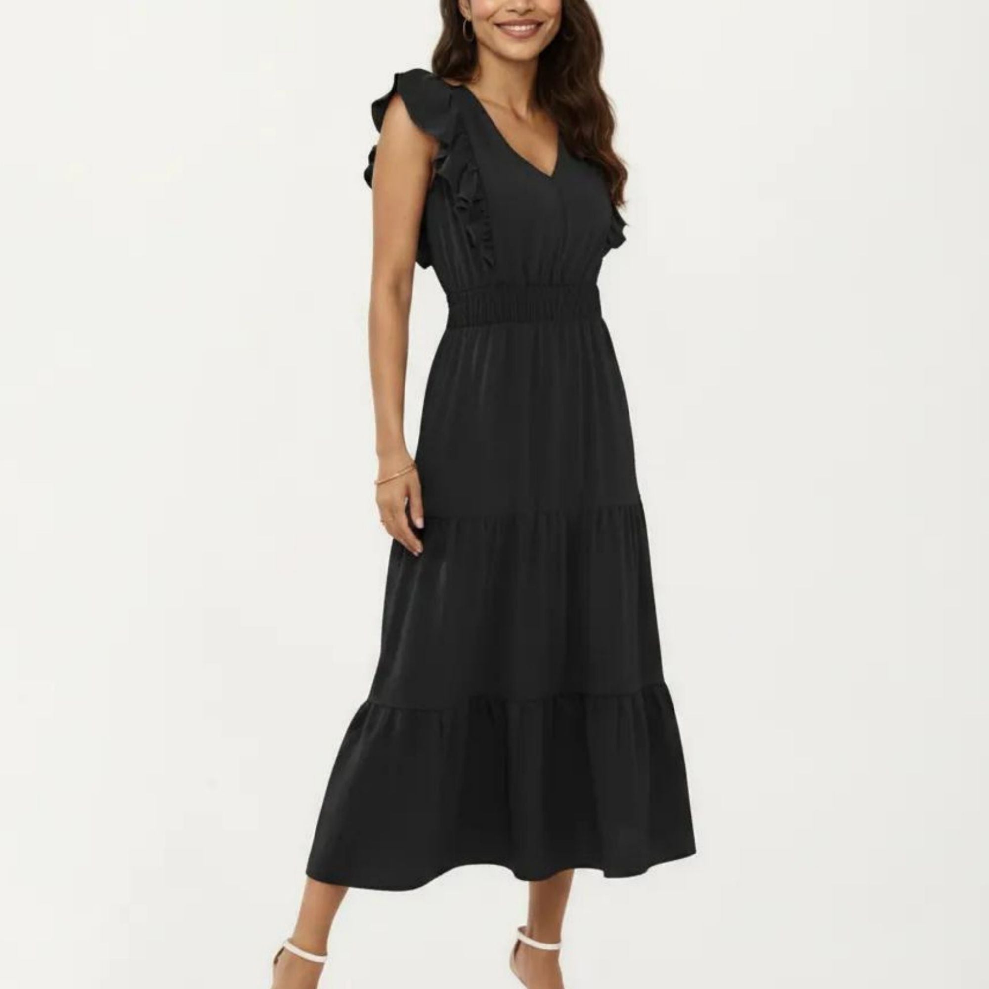 Anna-Kaci Women's Tiered Midi Dress with Ruffle Sleeves and Smocked Waist