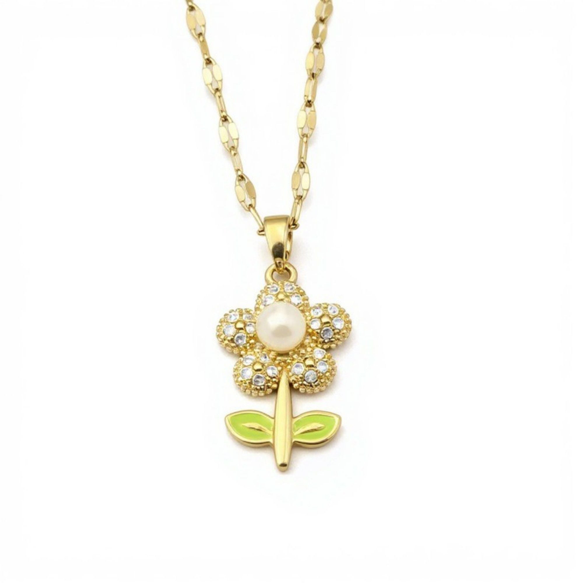 Women's Floral Necklace and Earring Set with Pearl Center and Crystal Petal Details 15.5+2in