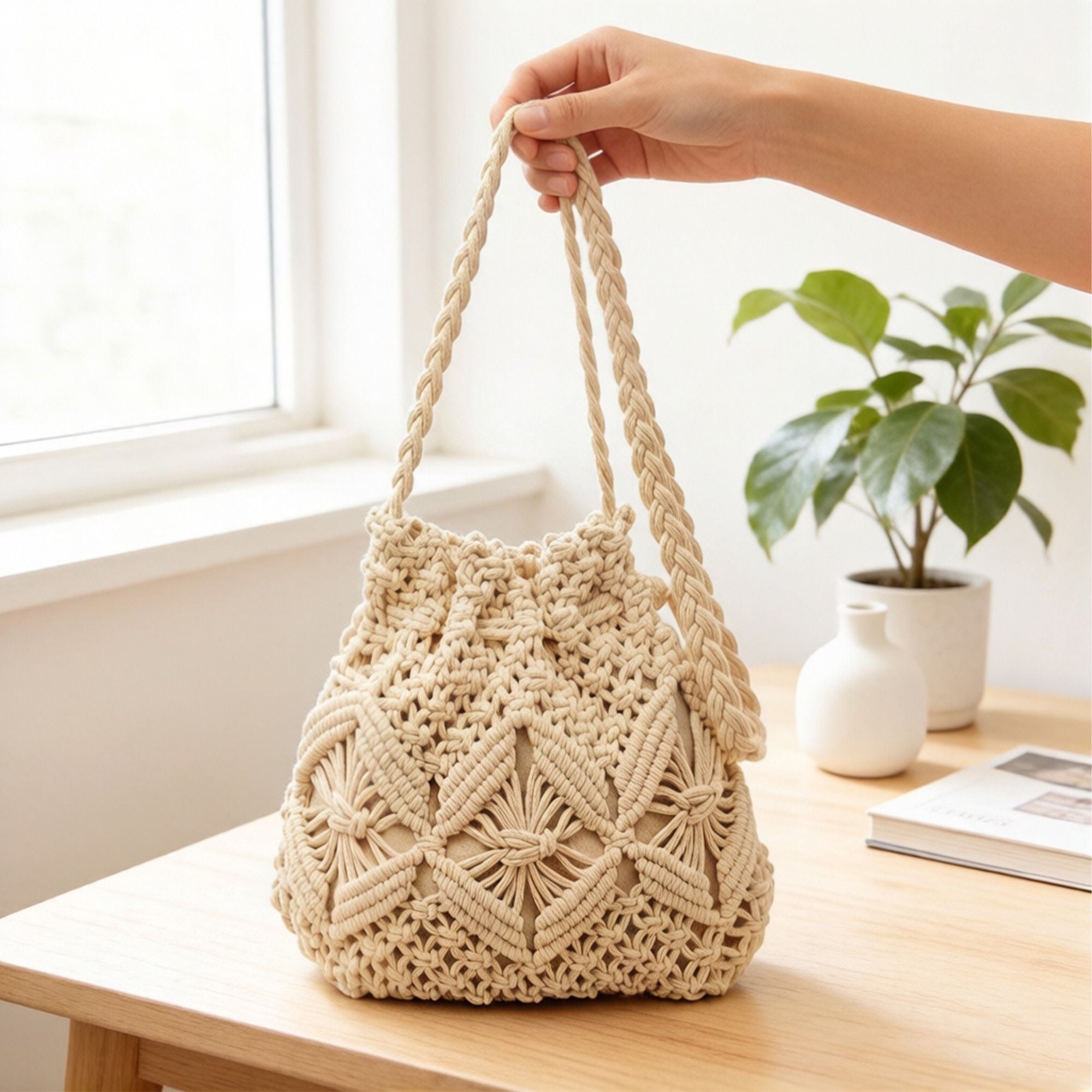 Macrame Bucket Bag Knotted Rope Handbag Drawstring Shoulder Bag Textured Woven Crossbody Style Lightweight Boho Purse