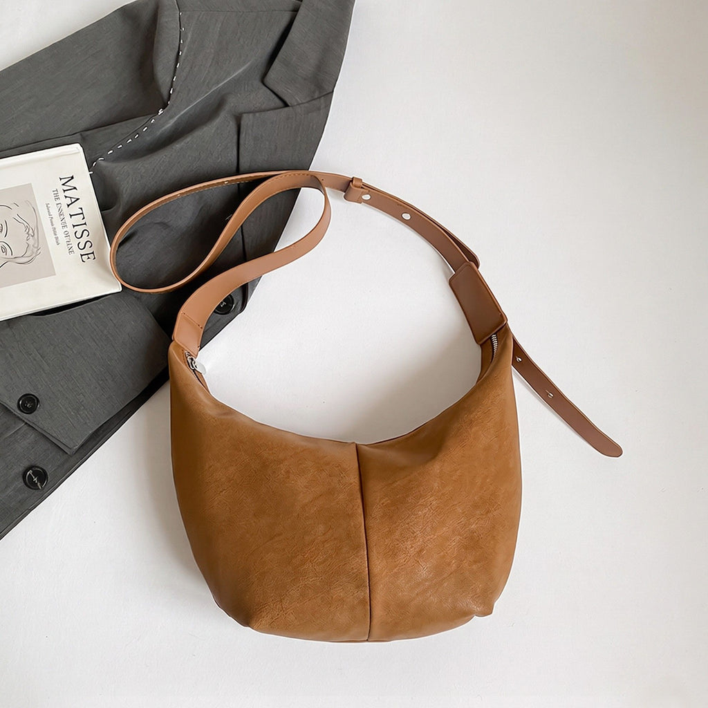 Soft Faux Leather Crescent Shoulder Bag Adjustable Strap Slouchy Everyday Crossbody Purse