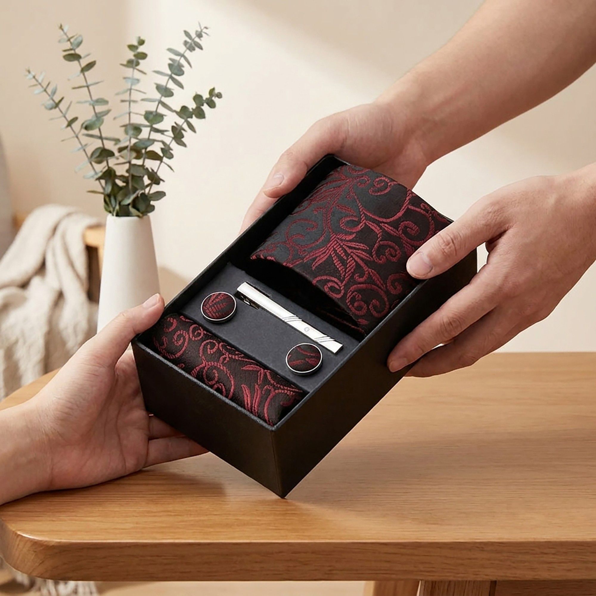 Men's Baroque Floral Tie Gift Set with Matching Pocket Square Cufflinks and Silver Tie Clip
