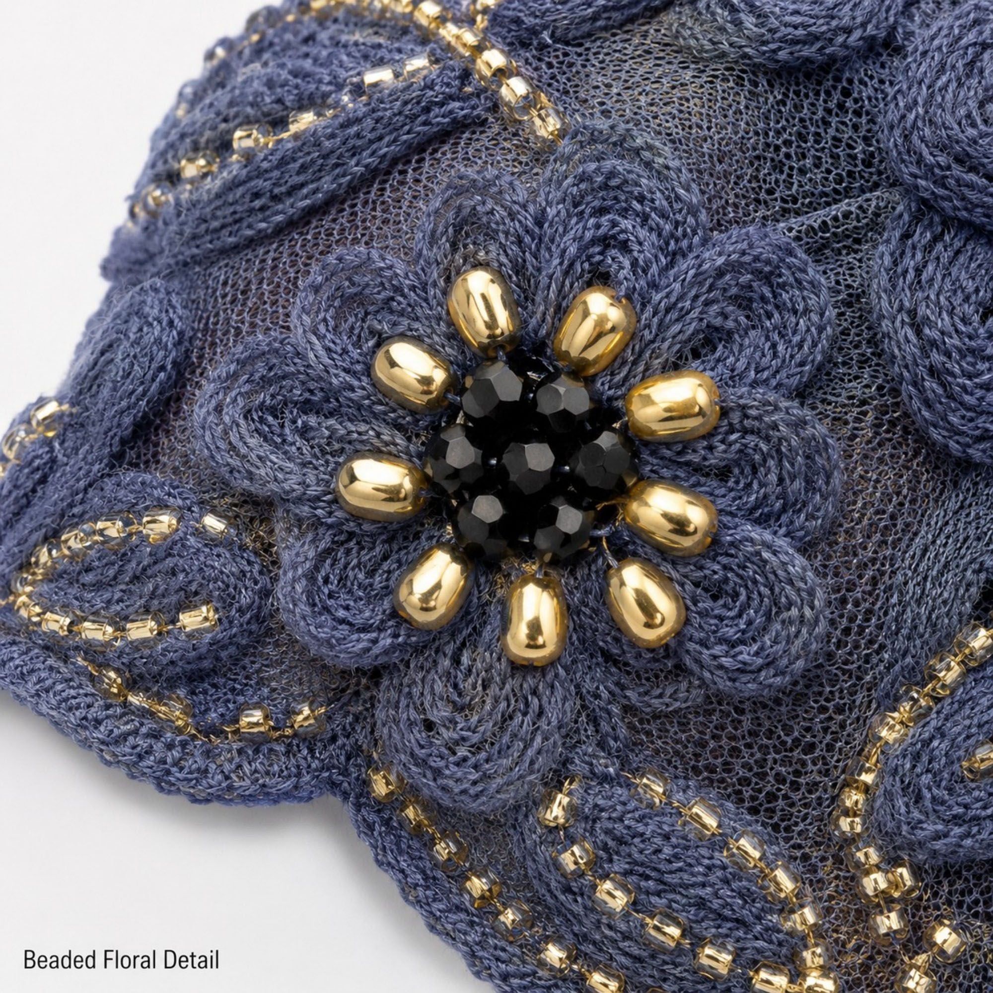 Floral Beaded Mesh Cloche Cap with Scalloped Trim