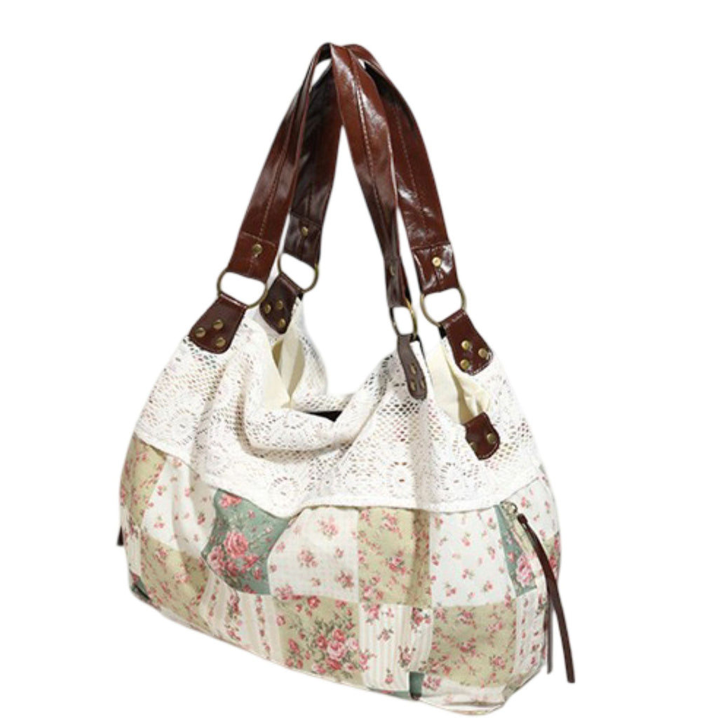 Patchwork Shoulder Bag with Crochet Lace Detail and Faux Leather Straps