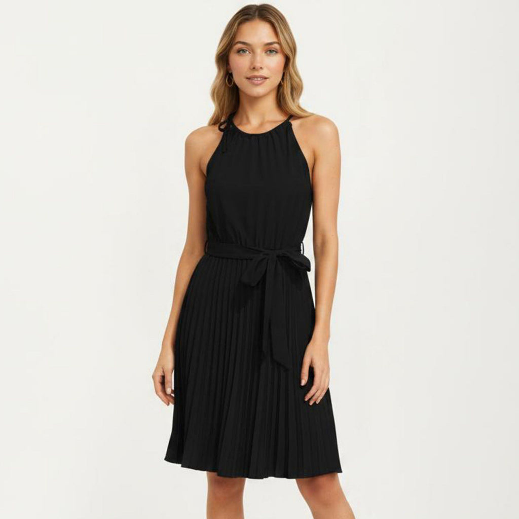 Anna-Kaci Women's Sleeveless Halter Midi Dress with Pleated Skirt and Waist Tie