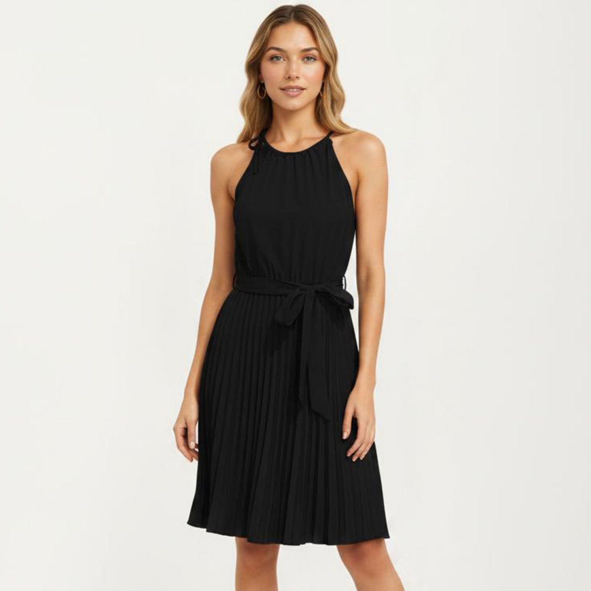 Anna-Kaci Women's Sleeveless Halter Midi Dress with Pleated Skirt and Waist Tie