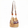 Woven Straw Bucket Bag with Pattern Strap Drawstring Closure Tassel Detail Crossbody Handbag