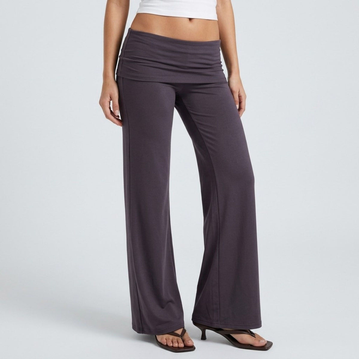 Foldover Waistband Full-Length Wide-Leg Trousers
