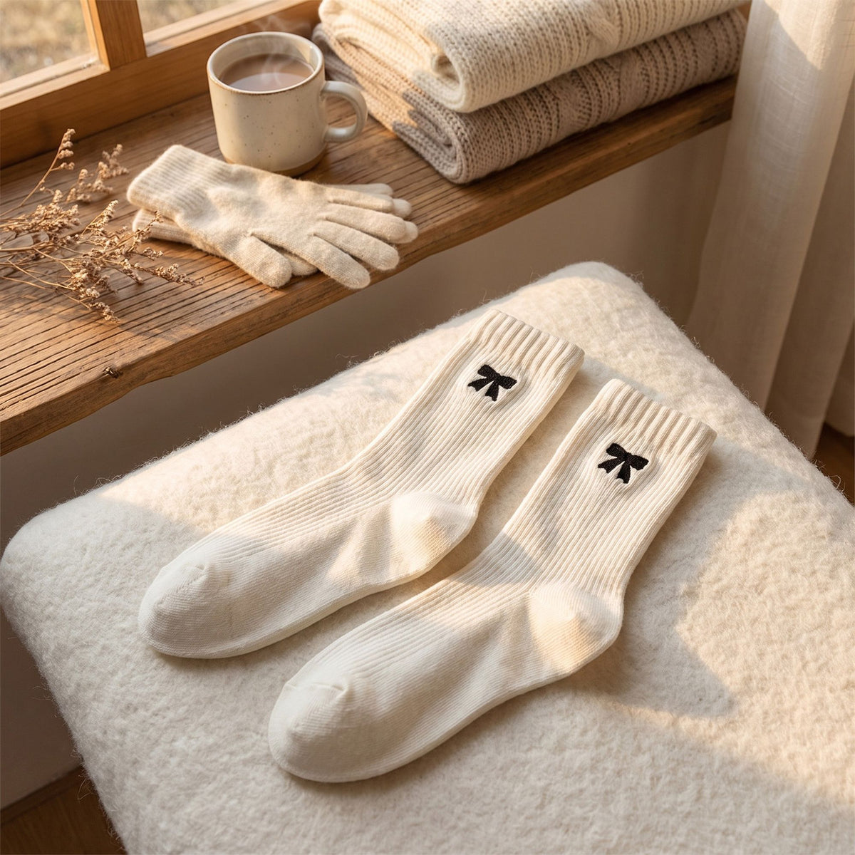 3-Pair Bow Embroidered Crew Socks Set, Ribbed Knit Casual Hosiery