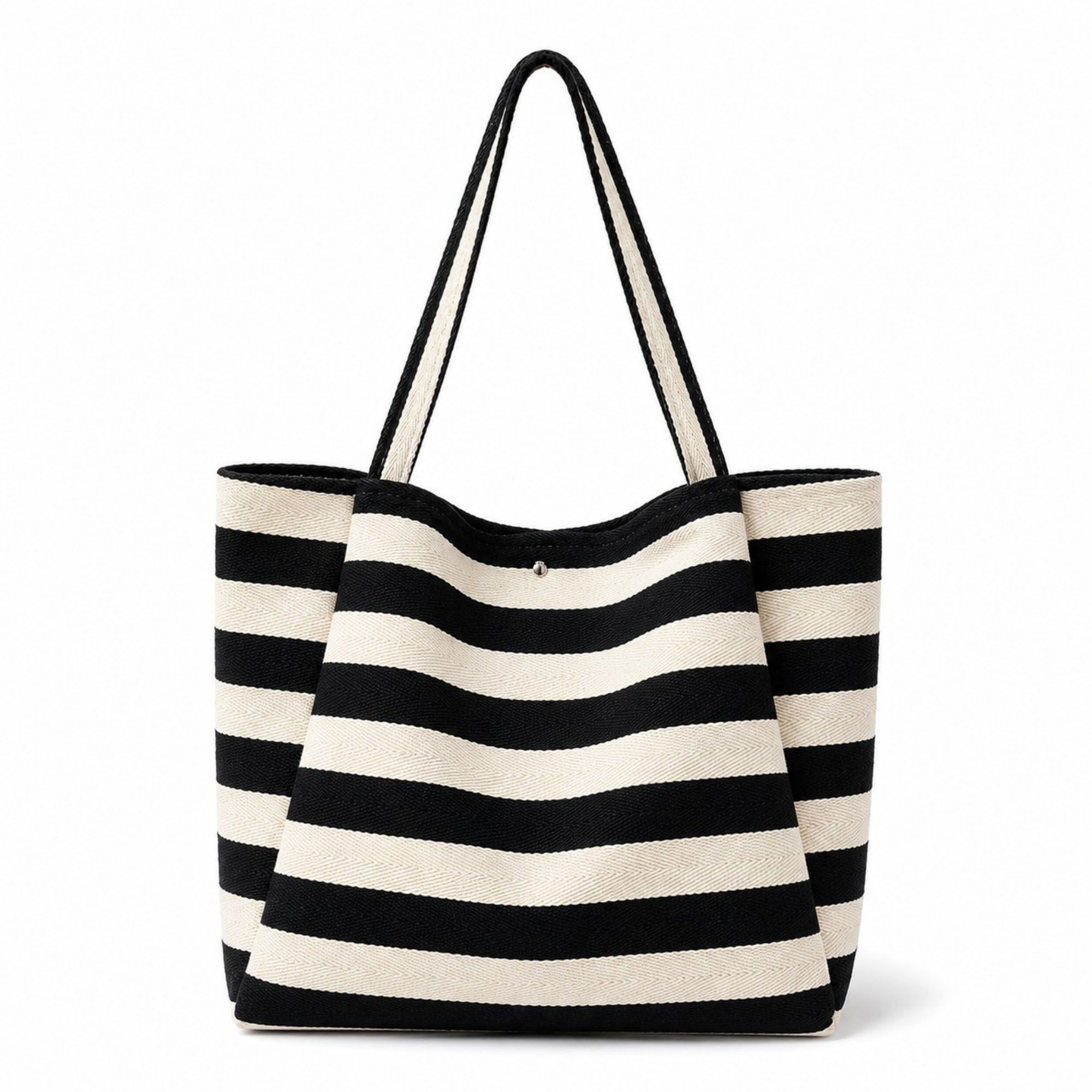 Striped Tote Bag with Large Capacity Soft Shoulder Carry Design