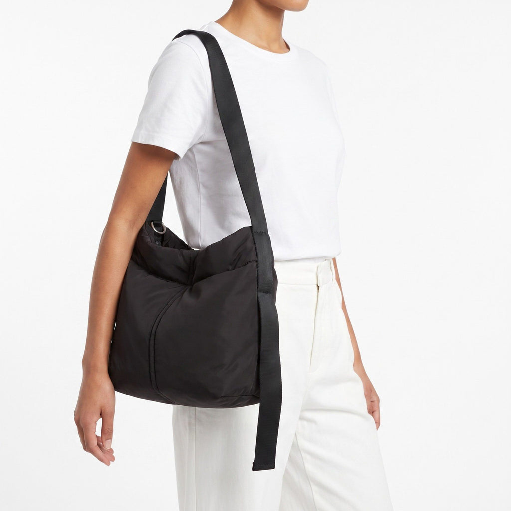Vertical Seam Padded Hobo Tote Bag with Dual Convertible Straps for Shoulder Crossbody Wear 9.4x8.7x4.7in