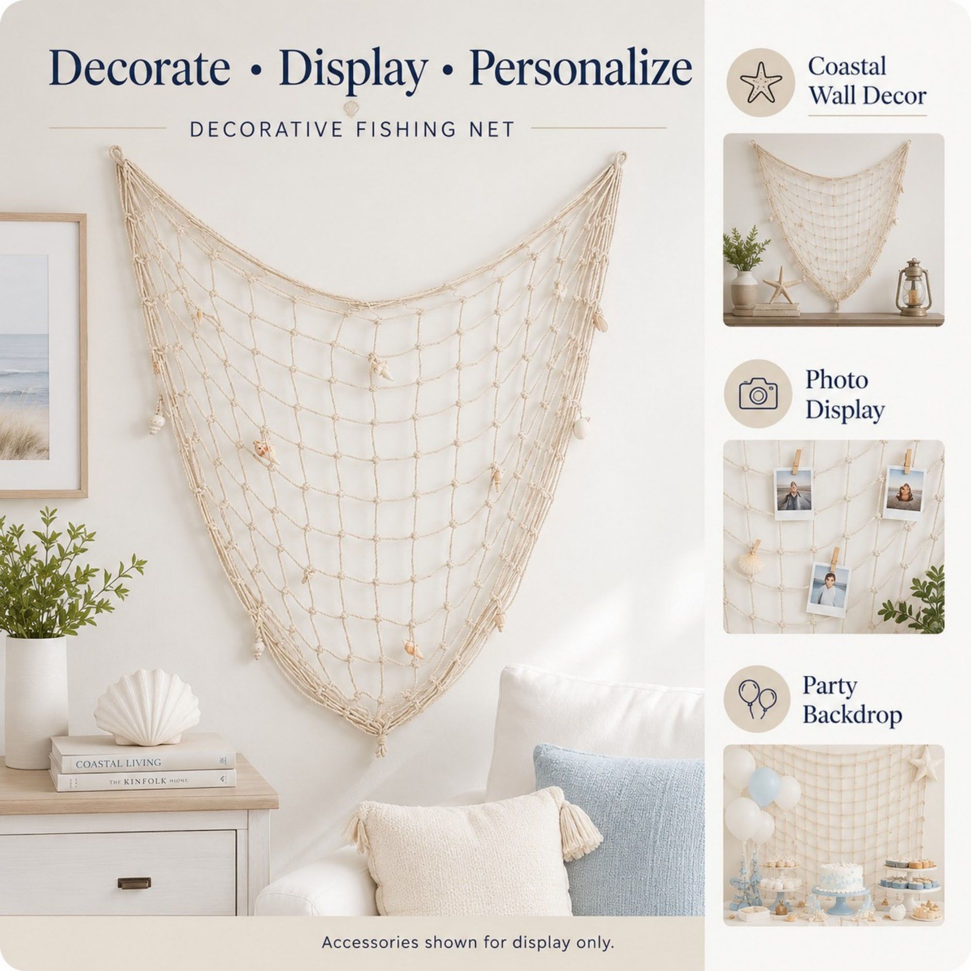 Decorative Fishing Net Wall Hanging Nautical Coastal Photo Display Decor