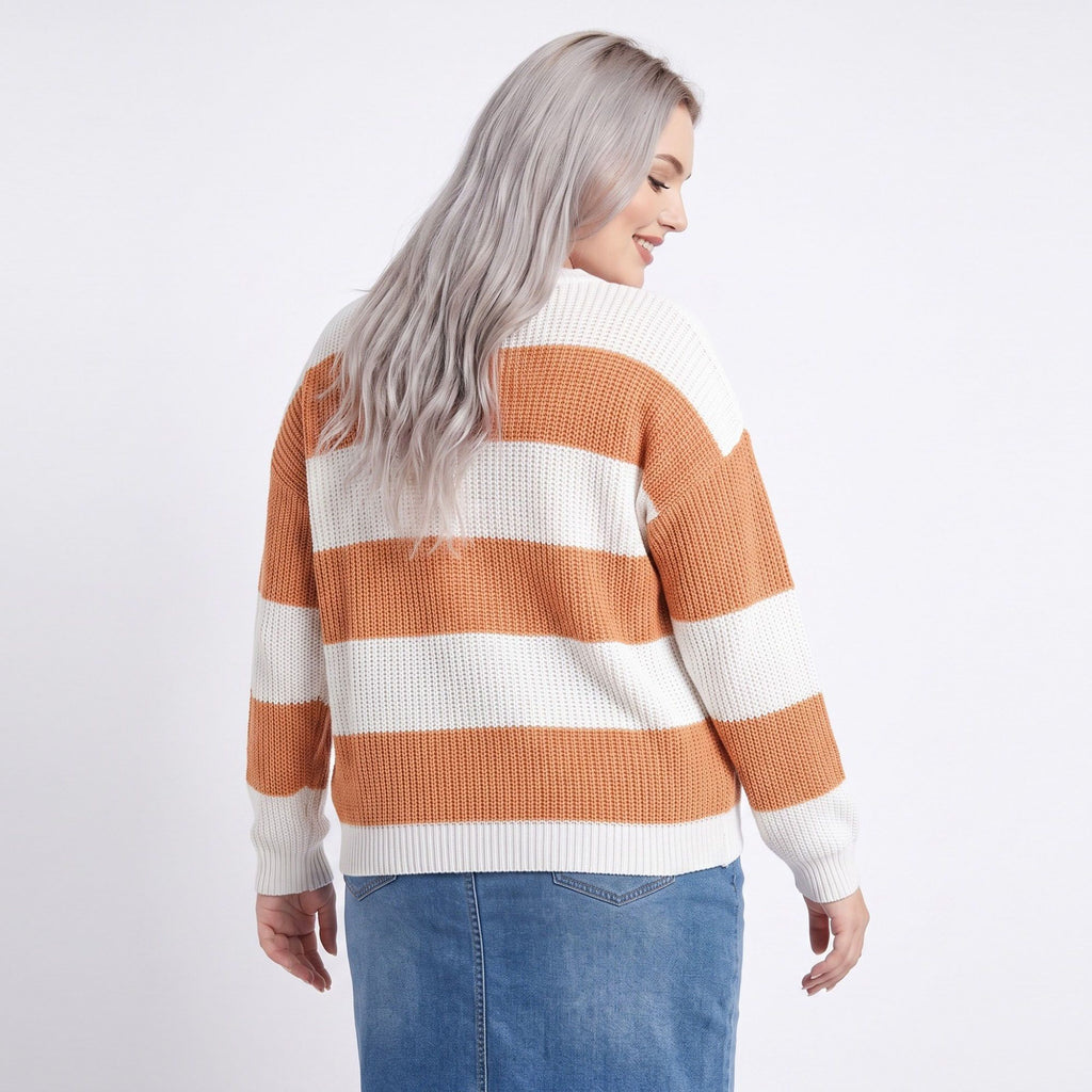 Plus Size Striped Crewneck Relaxed Fit Sweater