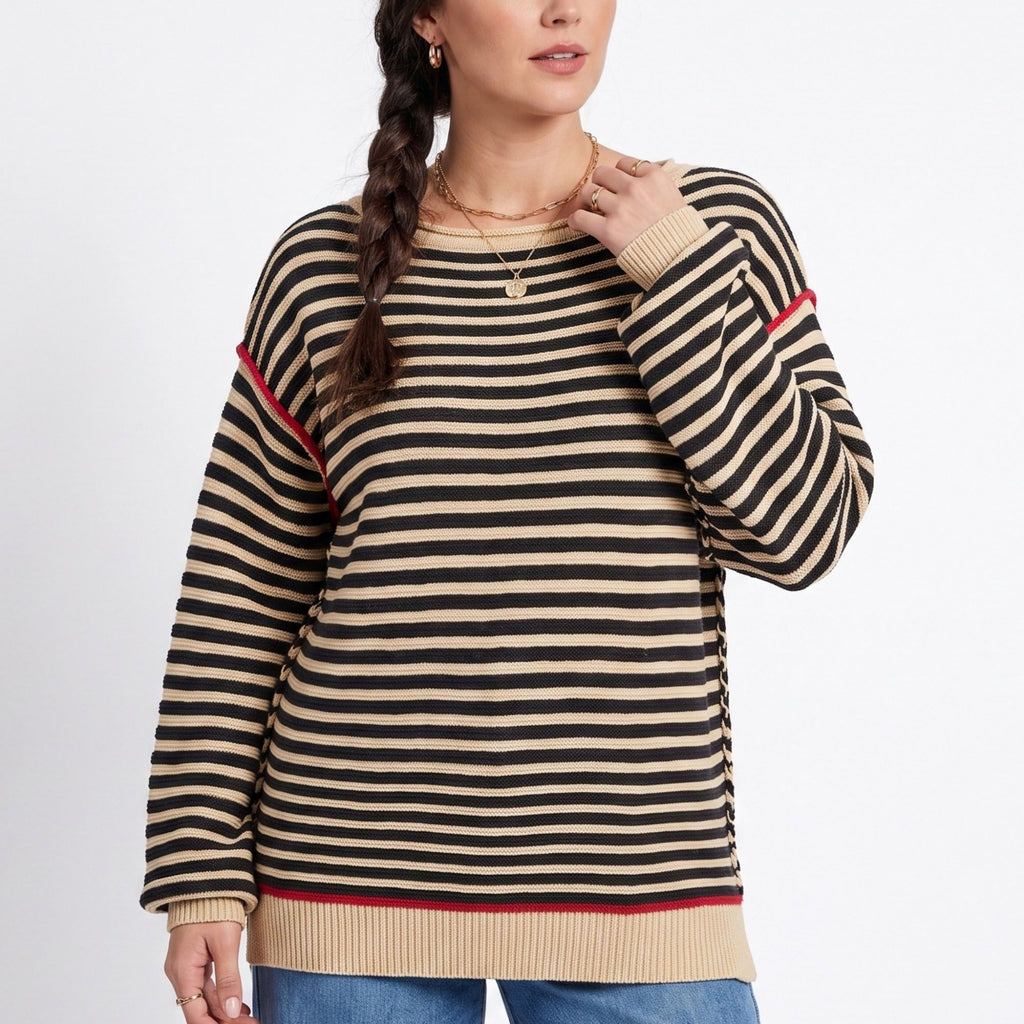 Striped Contrast Trim Drop Shoulder Long Sleeve Knit Sweater