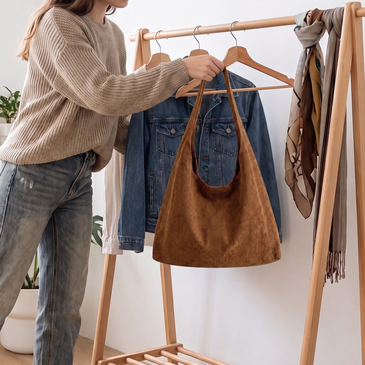 Faux Suede Hobo Shoulder Bag Large Soft Slouchy Tote